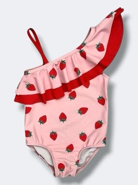 Tucker + Tate One Shoulder Swimsuit Girls 2T Pink Strawberry Ruffle One Piece